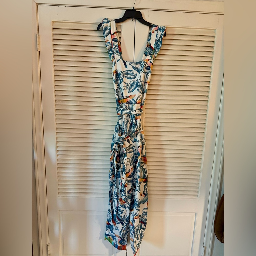 FARM Rio Tropical Toucan Print Jumpsuit in Teal, Orange, Red, Green - Picture 3 of 9